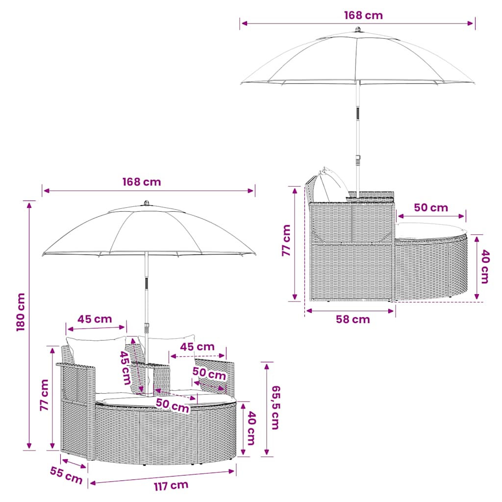 Tuinbank 2-zits met kussens en parasol poly rattan grijs is nu te koop bij PeponiXL, paradijselijk wonen!