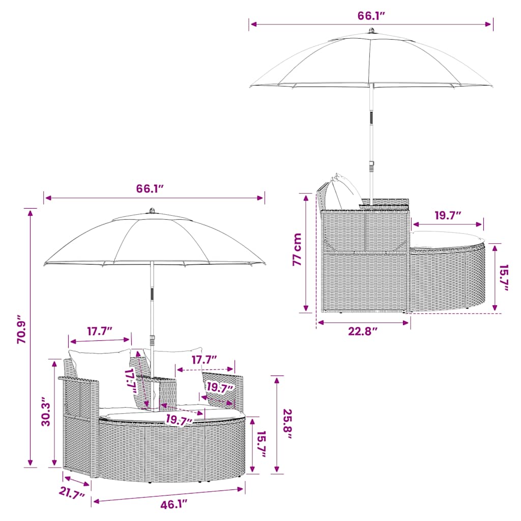Tuinbank 2-zits met kussens en parasol poly rattan grijs is nu te koop bij PeponiXL, paradijselijk wonen!