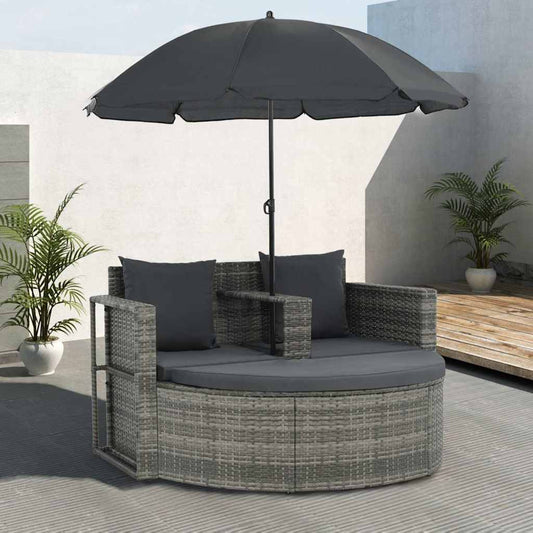 Tuinbank 2-zits met kussens en parasol poly rattan grijs is nu te koop bij PeponiXL, paradijselijk wonen!