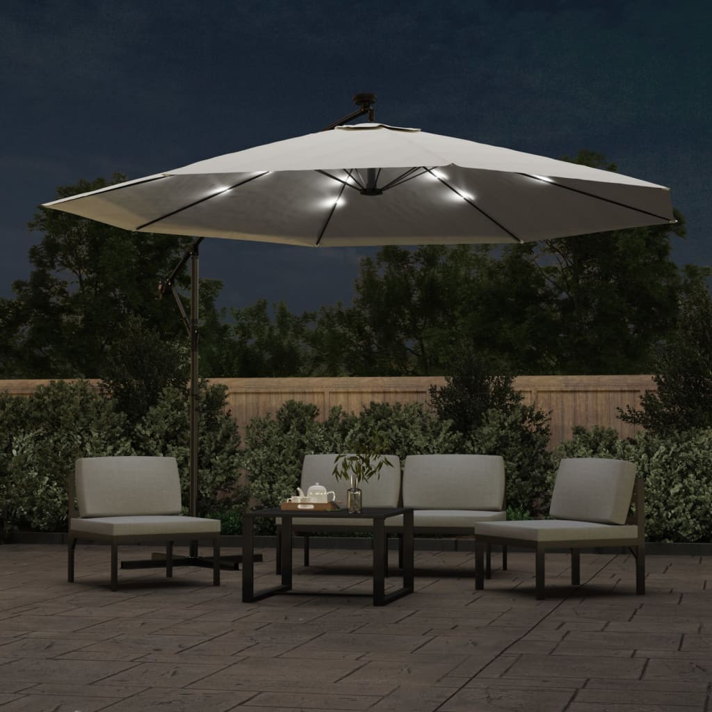 Zweefparasol met LED-verlichting en metalen paal 350 cm zand is nu te koop bij PeponiXL, paradijselijk wonen!