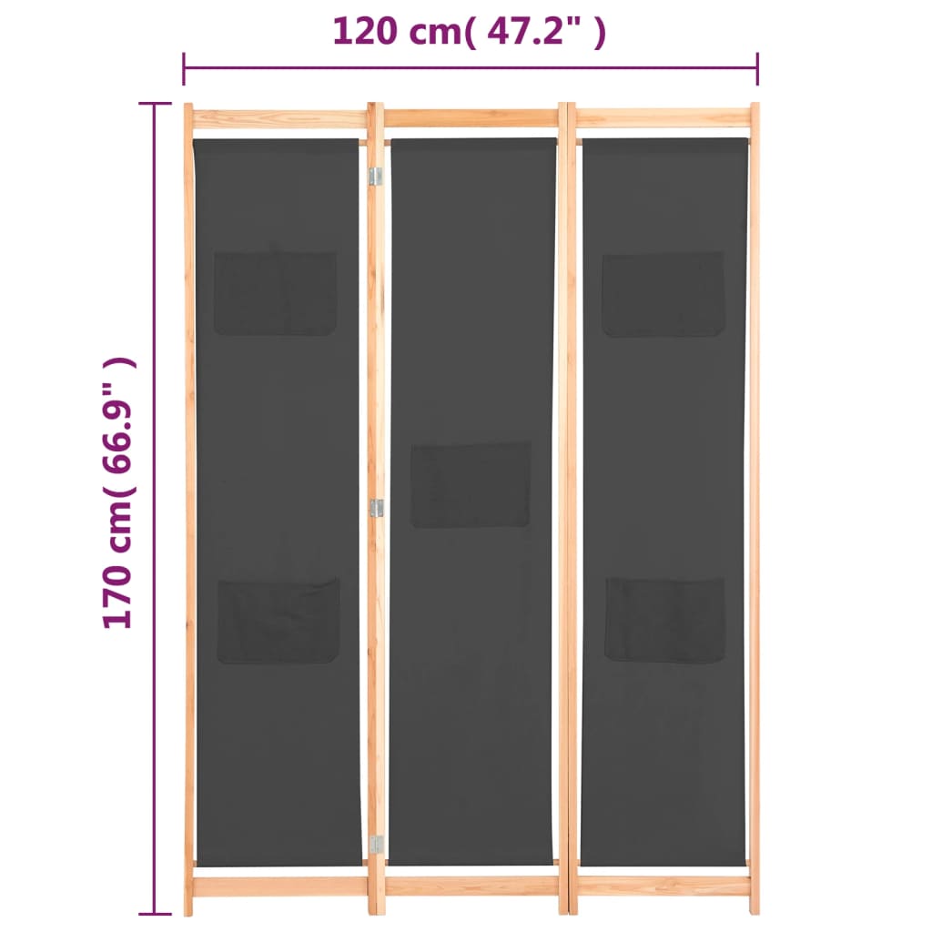 Kamerscherm met 3 panelen 120x170x4 cm stof grijs is nu te koop bij PeponiXL, paradijselijk wonen!