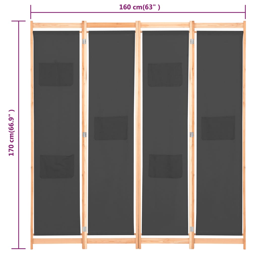 Kamerscherm met 4 panelen 160x170x4 cm stof grijs is nu te koop bij PeponiXL, paradijselijk wonen!
