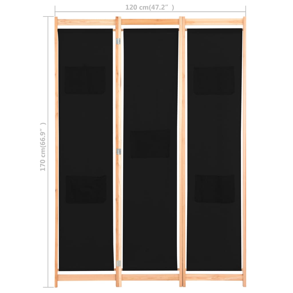 Kamerscherm met 3 panelen 120x170x4 cm stof zwart is nu te koop bij PeponiXL, paradijselijk wonen!