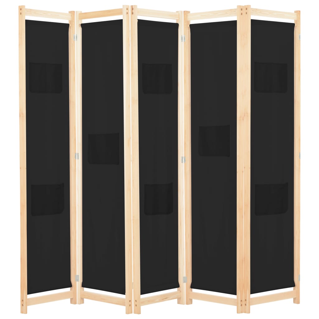 Kamerscherm met 5 panelen 200x170x4 cm stof zwart is nu te koop bij PeponiXL, paradijselijk wonen!
