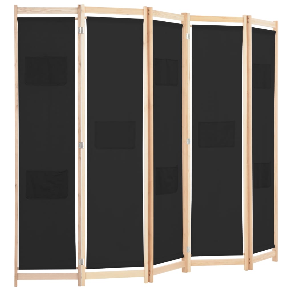 Kamerscherm met 5 panelen 200x170x4 cm stof zwart is nu te koop bij PeponiXL, paradijselijk wonen!