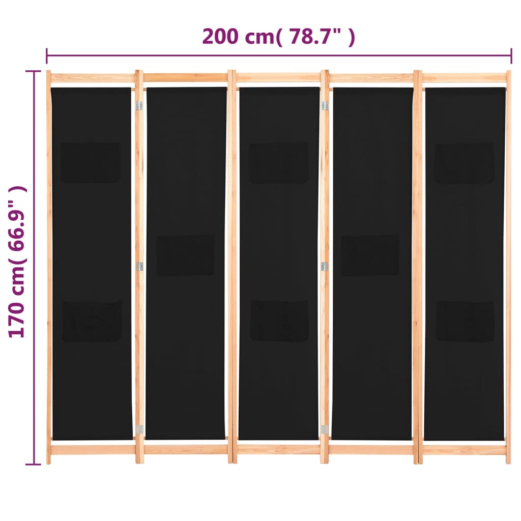 Kamerscherm met 5 panelen 200x170x4 cm stof zwart is nu te koop bij PeponiXL, paradijselijk wonen!
