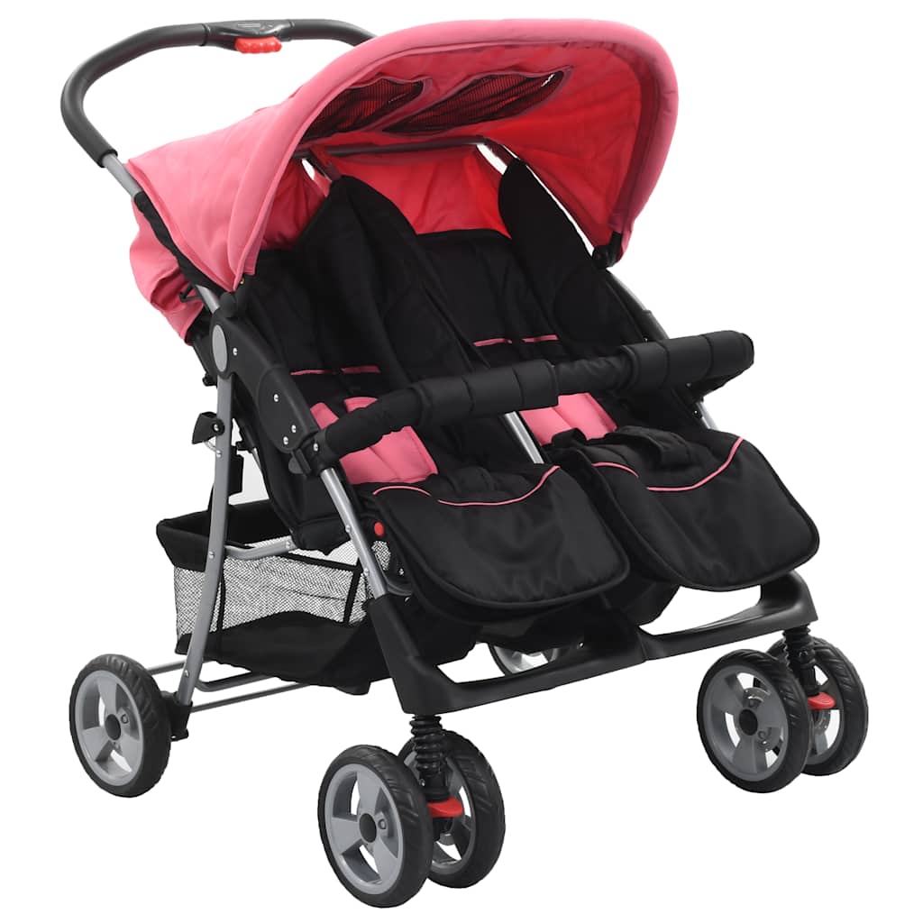 Tweelingkinderwagen staal roze en zwart is nu te koop bij PeponiXL, paradijselijk wonen!