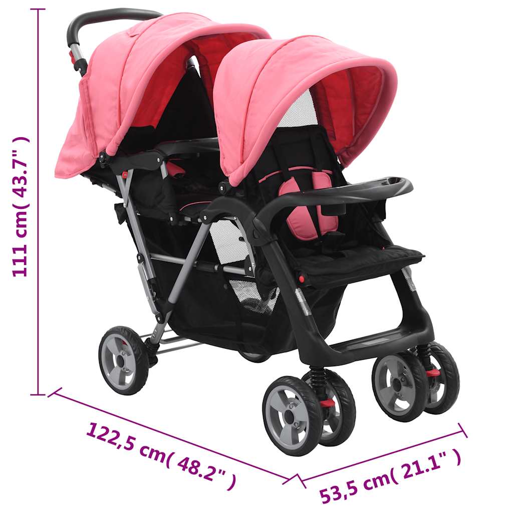Kinderwagen dubbel staal roze en zwart is nu te koop bij PeponiXL, paradijselijk wonen!