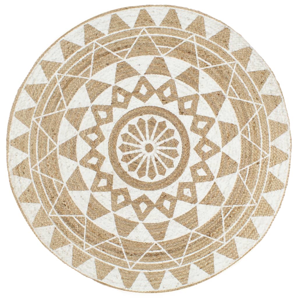 Vloerkleed handgemaakt met witte print 120 cm jute is nu te koop bij PeponiXL, paradijselijk wonen!