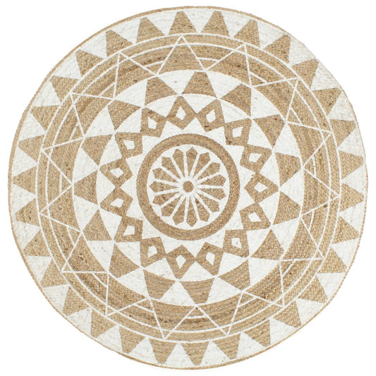 Vloerkleed handgemaakt met witte print 120 cm jute is nu te koop bij PeponiXL, paradijselijk wonen!