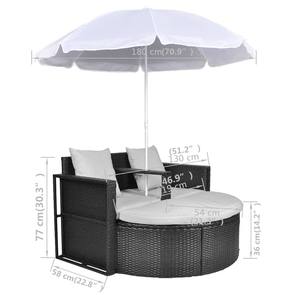 Tuinbed met parasol poly rattan zwart is nu te koop bij PeponiXL, paradijselijk wonen!