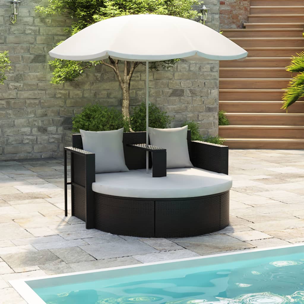 Tuinbed met parasol poly rattan zwart is nu te koop bij PeponiXL, paradijselijk wonen!