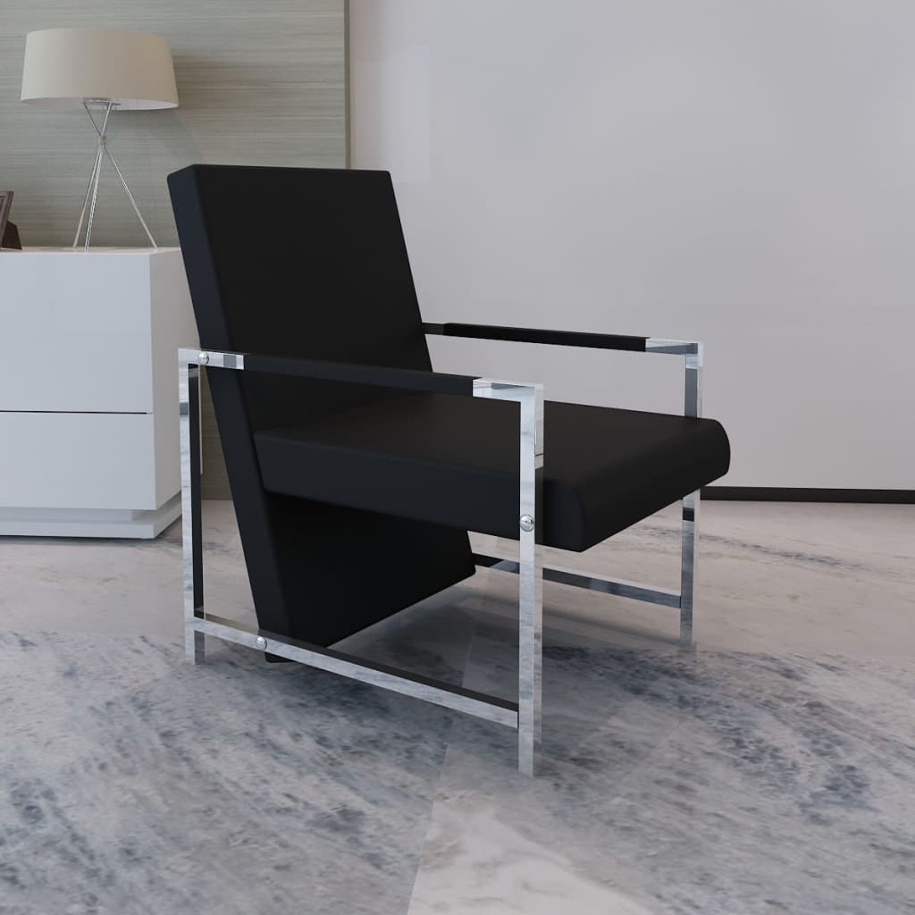 Fauteuil met chromen poten kunstleer zwart is nu te koop bij PeponiXL, paradijselijk wonen!