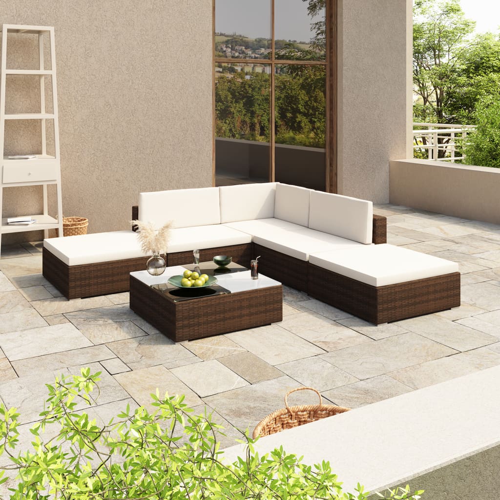 6-delige Loungeset met kussens poly rattan bruin is nu te koop bij PeponiXL, paradijselijk wonen!