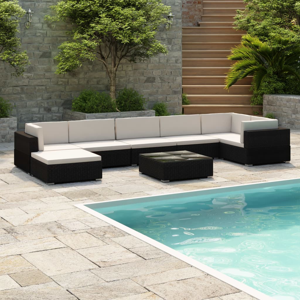 8-delige Loungeset met kussens poly rattan zwart is nu te koop bij PeponiXL, paradijselijk wonen!