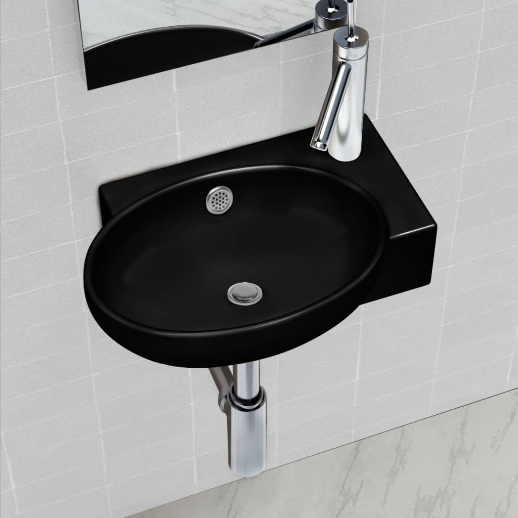 Wastafel met kraangat en overloop rond keramiek zwart is nu te koop bij PeponiXL, paradijselijk wonen!
