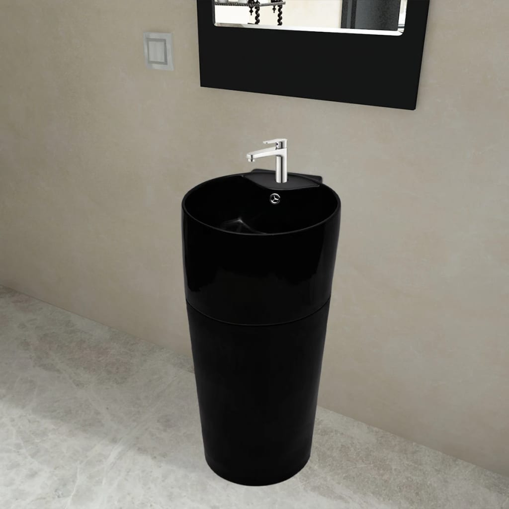 Staande wastafel met overloop en kraangat zwart rond keramiek is nu te koop bij PeponiXL, paradijselijk wonen!