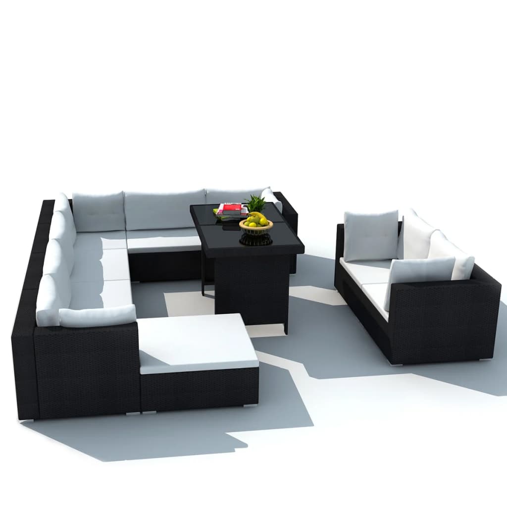 10-delige Loungeset met kussens poly rattan zwart is nu te koop bij PeponiXL, paradijselijk wonen!