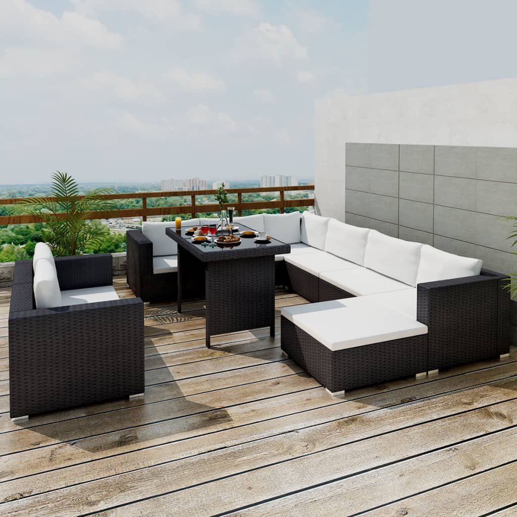 10-delige Loungeset met kussens poly rattan zwart is nu te koop bij PeponiXL, paradijselijk wonen!