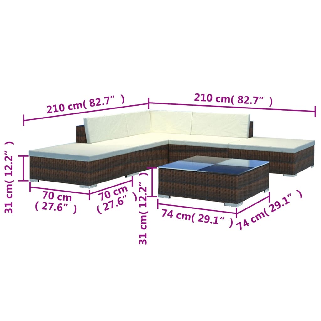 6-delige Loungeset met kussens poly rattan bruin is nu te koop bij PeponiXL, paradijselijk wonen!