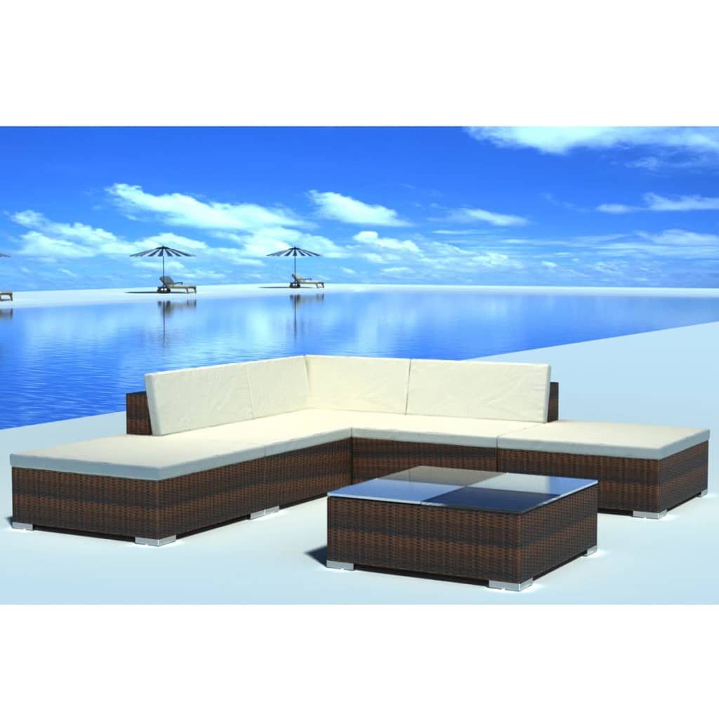 6-delige Loungeset met kussens poly rattan bruin is nu te koop bij PeponiXL, paradijselijk wonen!