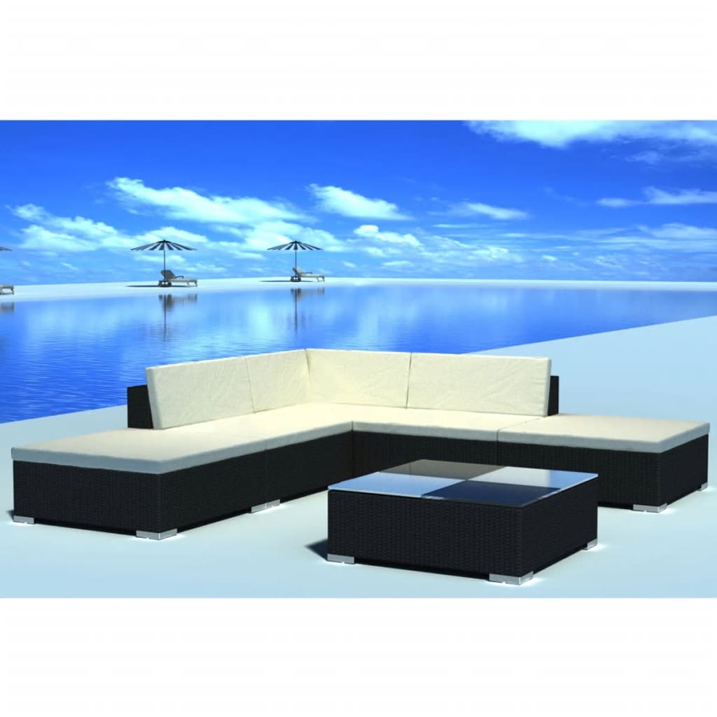 6-delige Loungeset met kussens poly rattan zwart is nu te koop bij PeponiXL, paradijselijk wonen!