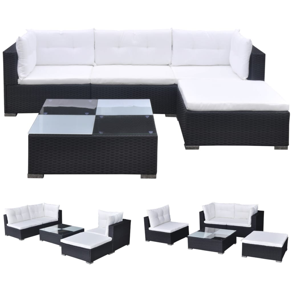 5-delige Loungeset met kussens poly rattan zwart is nu te koop bij PeponiXL, paradijselijk wonen!