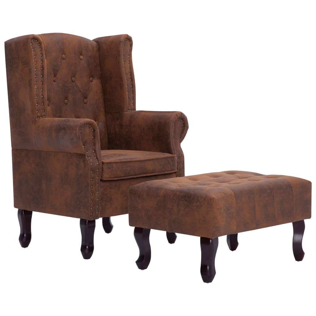 Fauteuil en voetenbank Chesterfield-stijl kunstsuède bruin is nu te koop bij PeponiXL, paradijselijk wonen!