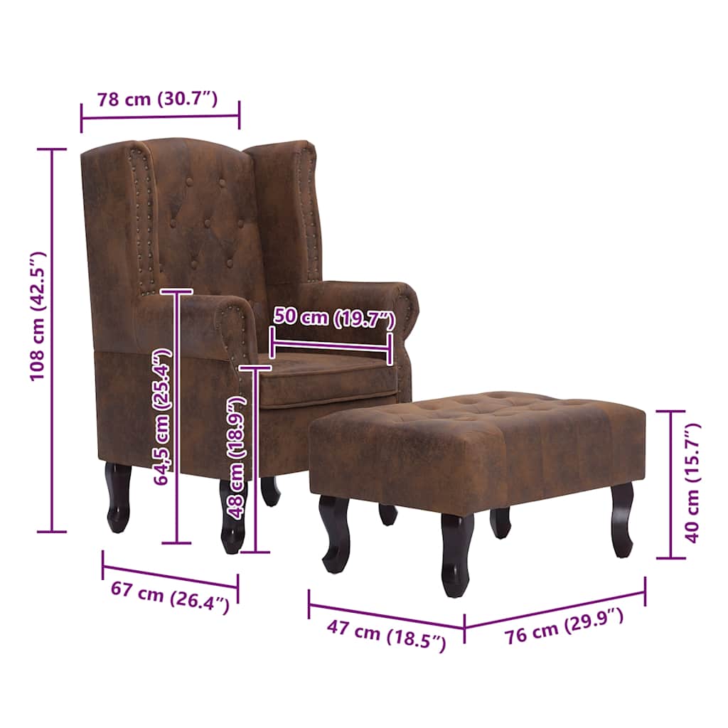 Fauteuil en voetenbank Chesterfield-stijl kunstsuède bruin is nu te koop bij PeponiXL, paradijselijk wonen!
