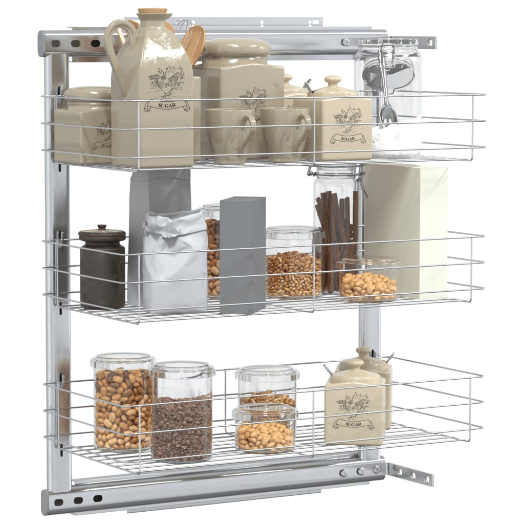 Draadmand keuken uittrekbaar 3-laags 47x25x56 cm zilverkleurig is nu te koop bij PeponiXL, paradijselijk wonen!
