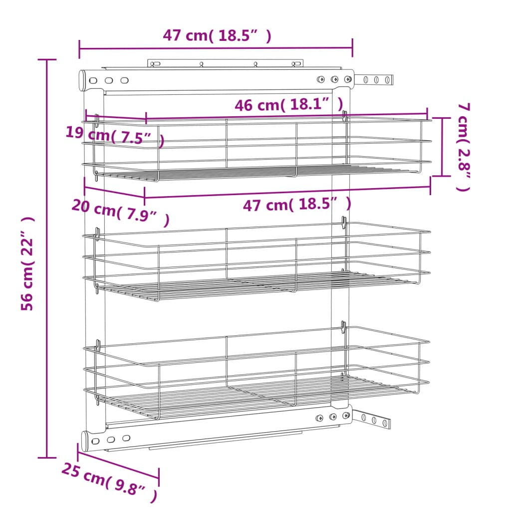 Draadmand keuken uittrekbaar 3-laags 47x25x56 cm zilverkleurig is nu te koop bij PeponiXL, paradijselijk wonen!