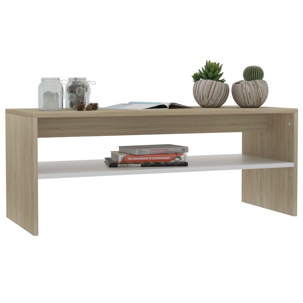 Salontafel 100x40x40 cm bewerkt hout wit en sonoma eikenkleurig