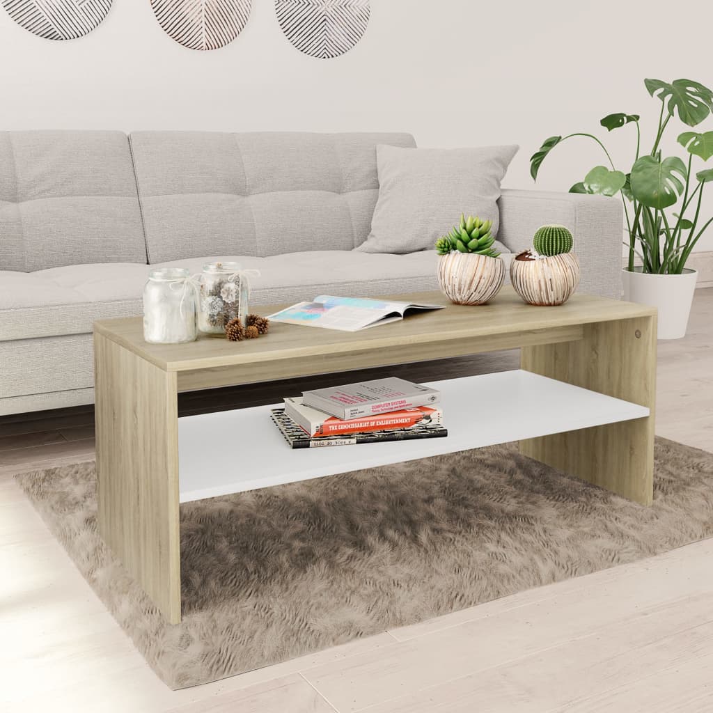 Salontafel 100x40x40 cm bewerkt hout wit en sonoma eikenkleurig