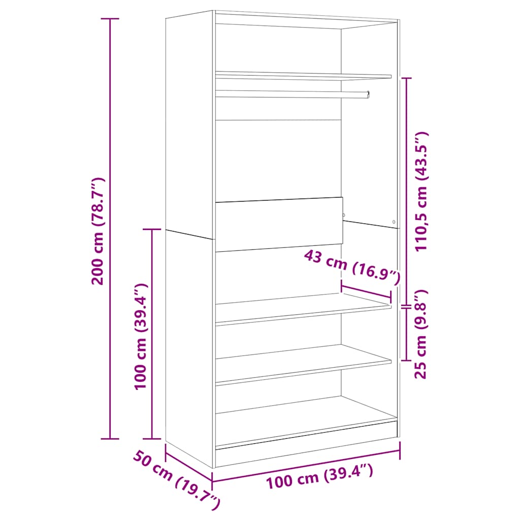 Kledingkast 100x50x200 cm bewerkt hout sonoma eikenkleurig is nu te koop bij PeponiXL, paradijselijk wonen!