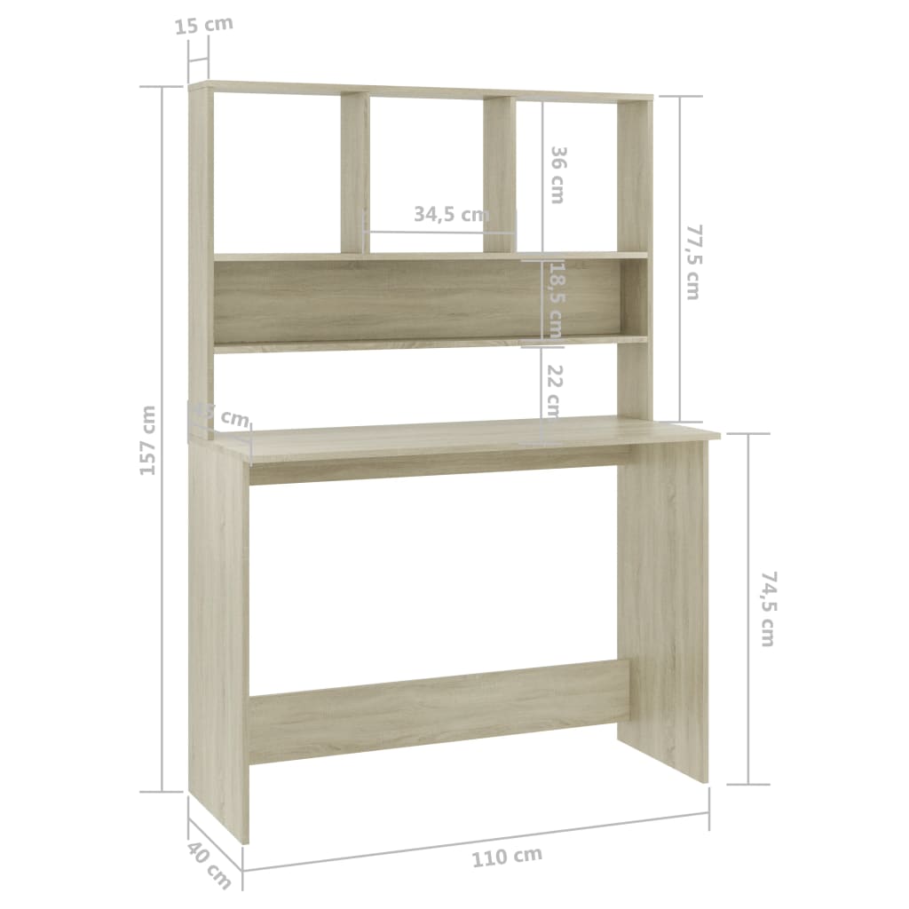 Bureau met schappen 110x45x157cm bewerkt hout sonoma eikenkleur is nu te koop bij PeponiXL, paradijselijk wonen!