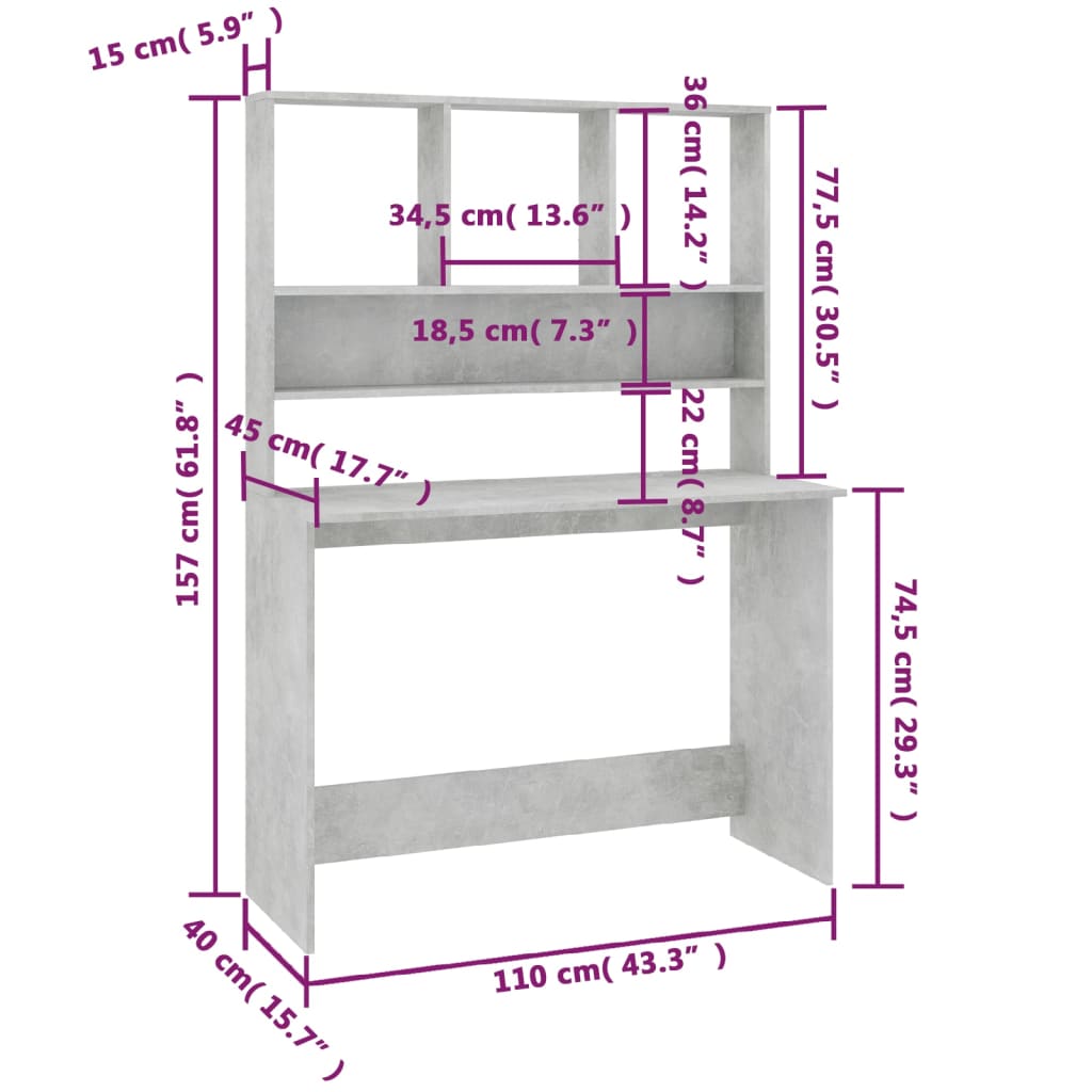 Bureau met schappen 110x45x157 cm bewerkt hout betongrijs is nu te koop bij PeponiXL, paradijselijk wonen!