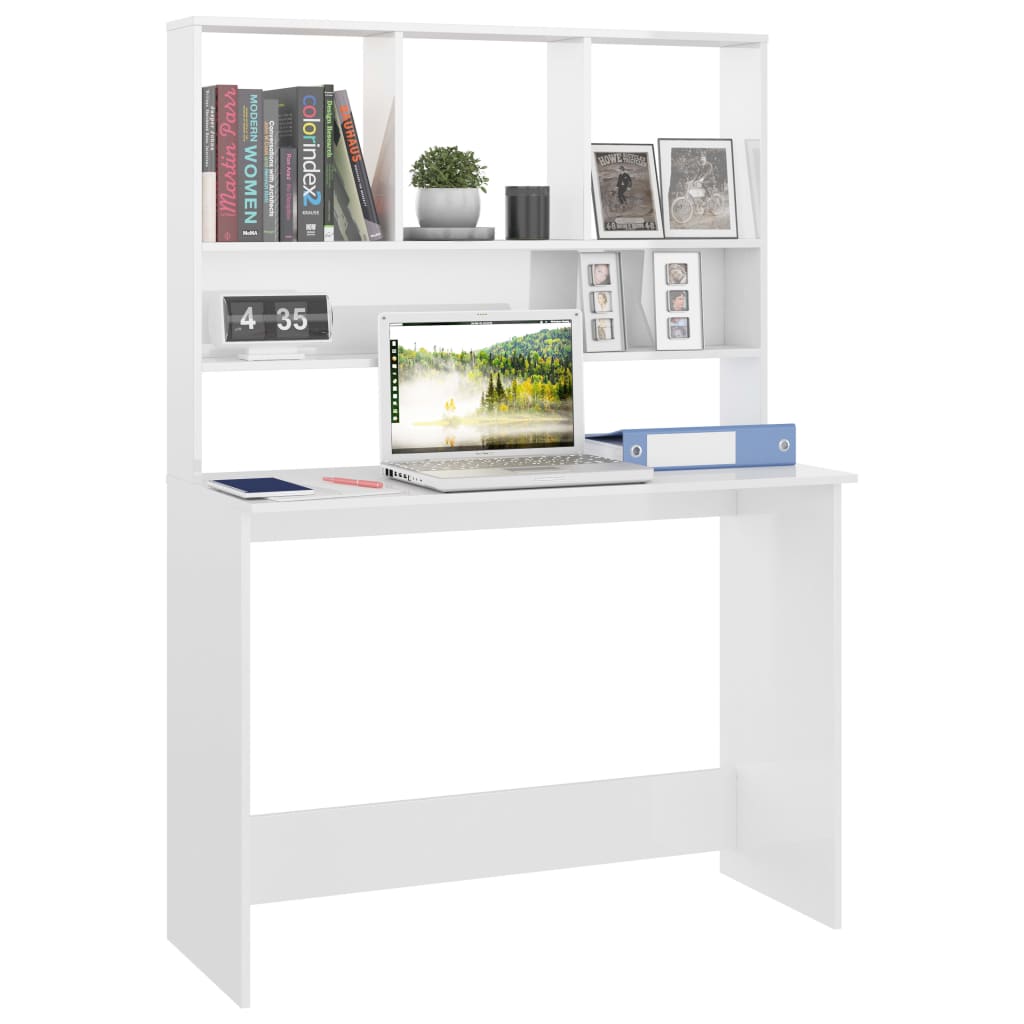 Bureau met schappen 110x45x157 cm bewerkt hout hoogglans wit is nu te koop bij PeponiXL, paradijselijk wonen!