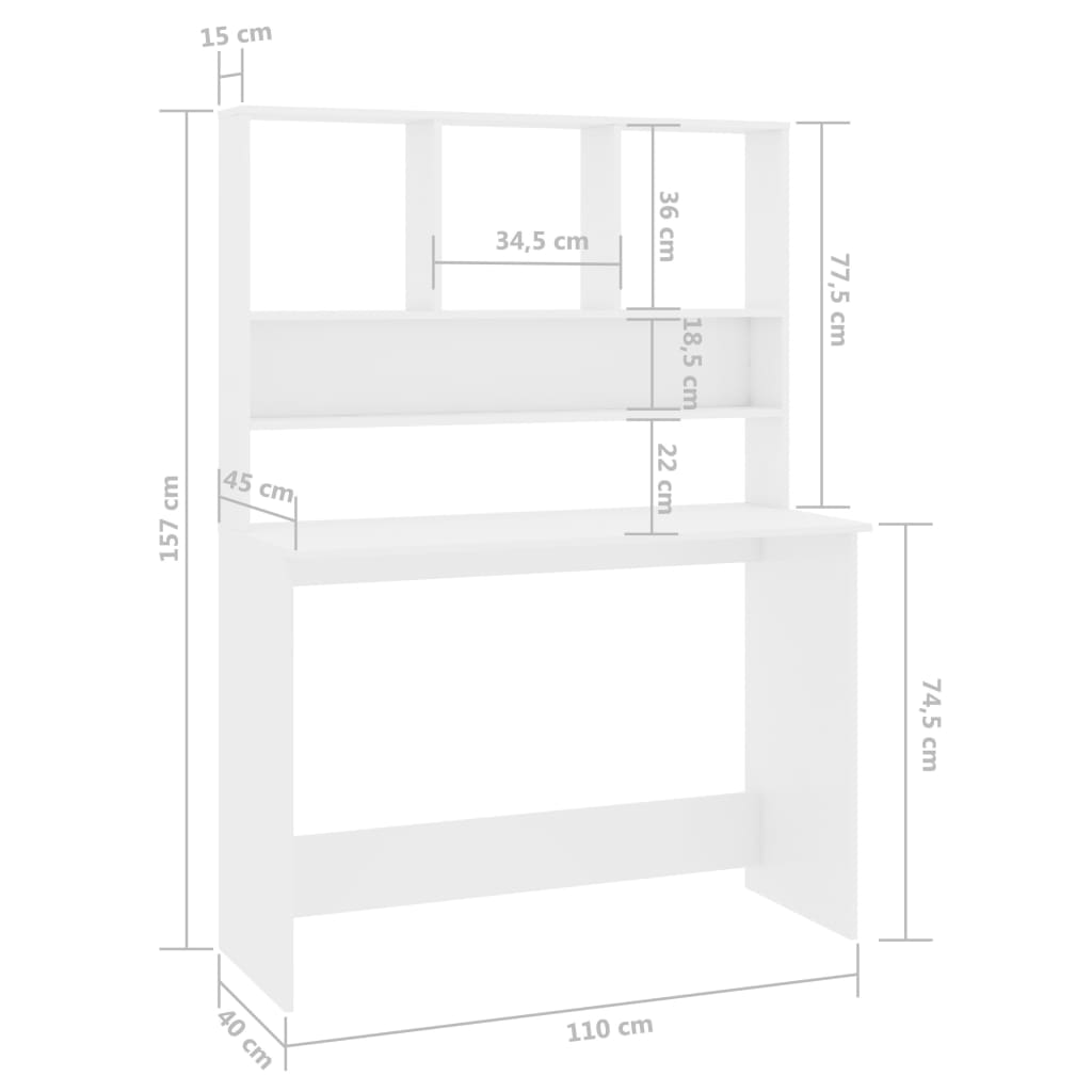 Bureau met schappen 110x45x157 cm bewerkt hout hoogglans wit is nu te koop bij PeponiXL, paradijselijk wonen!