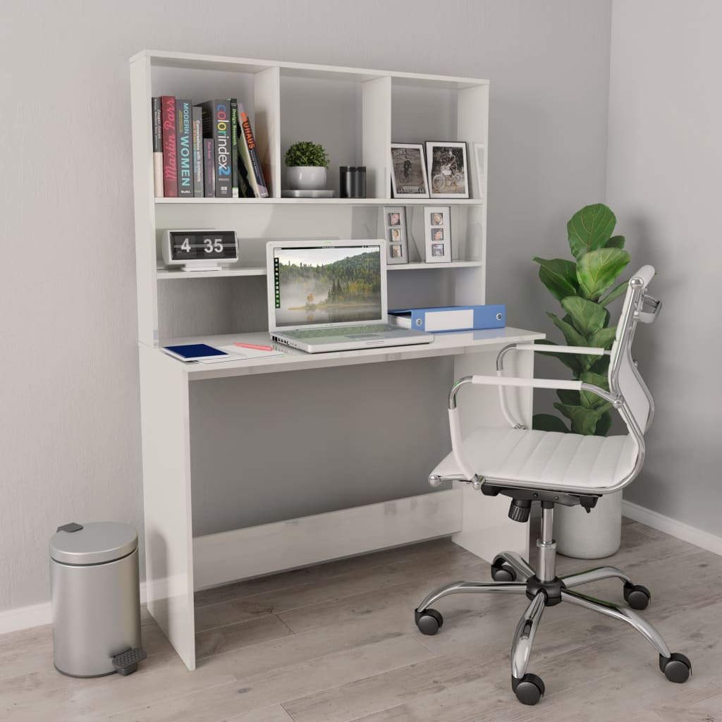 Bureau met schappen 110x45x157 cm bewerkt hout hoogglans wit is nu te koop bij PeponiXL, paradijselijk wonen!