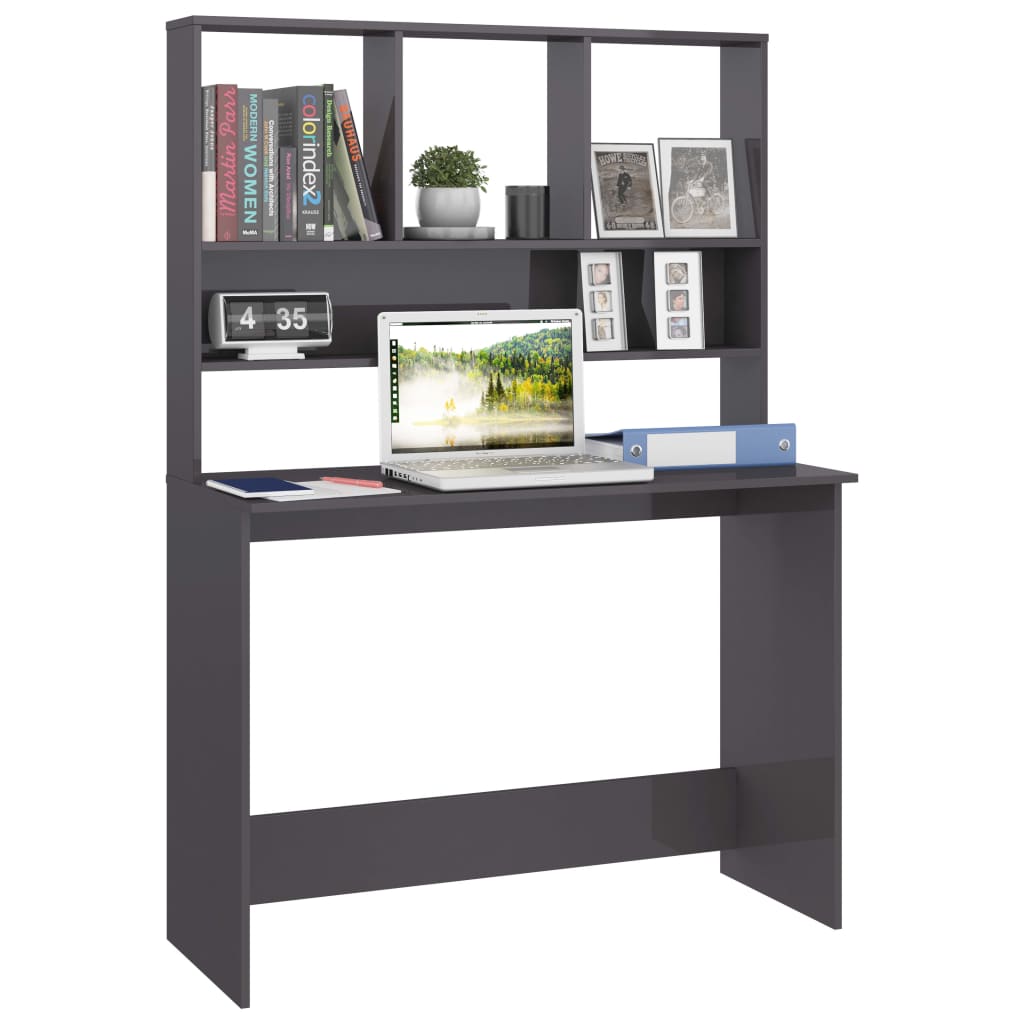 Bureau met schappen 110x45x157 cm bewerkt hout hoogglans grijs is nu te koop bij PeponiXL, paradijselijk wonen!