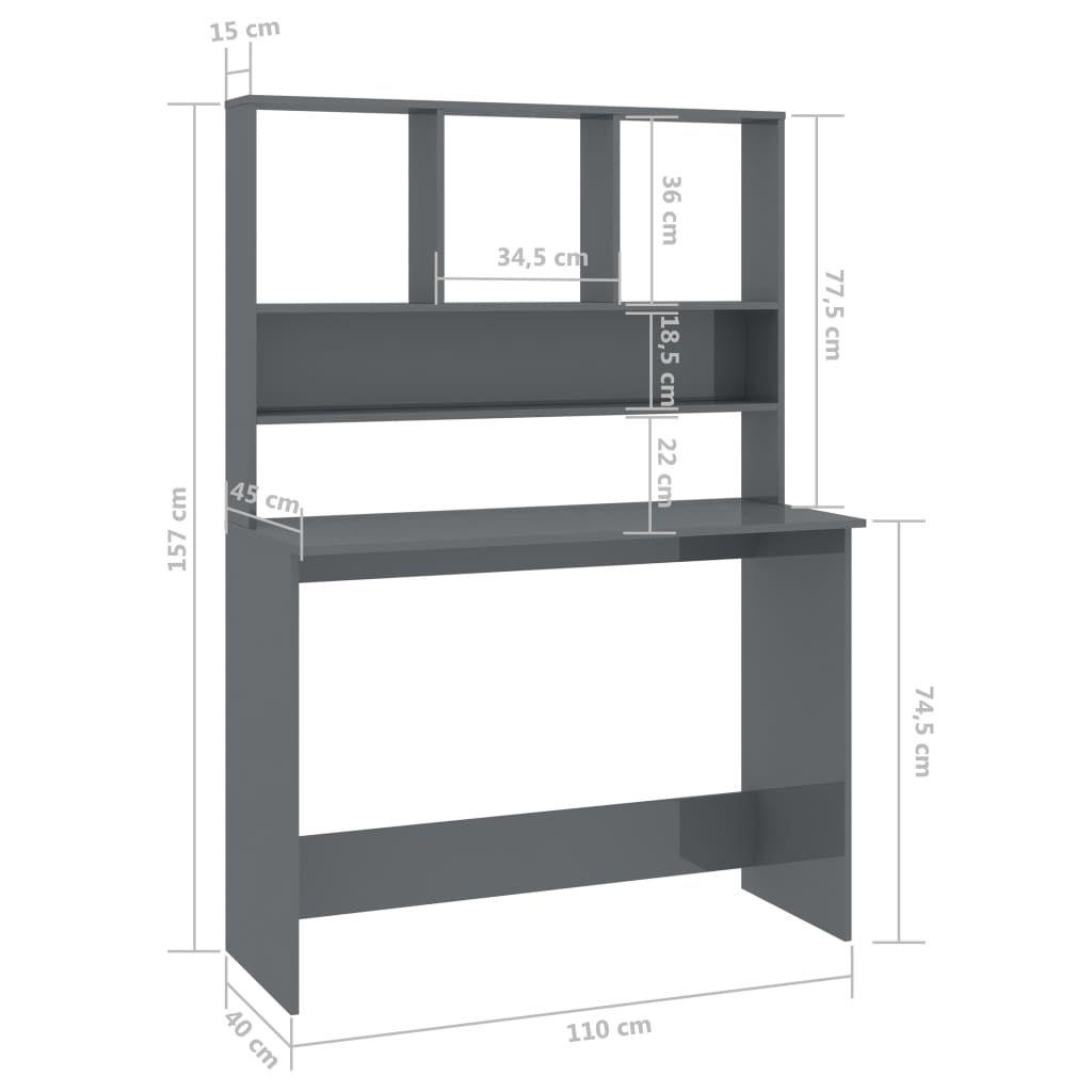 Bureau met schappen 110x45x157 cm bewerkt hout hoogglans grijs is nu te koop bij PeponiXL, paradijselijk wonen!