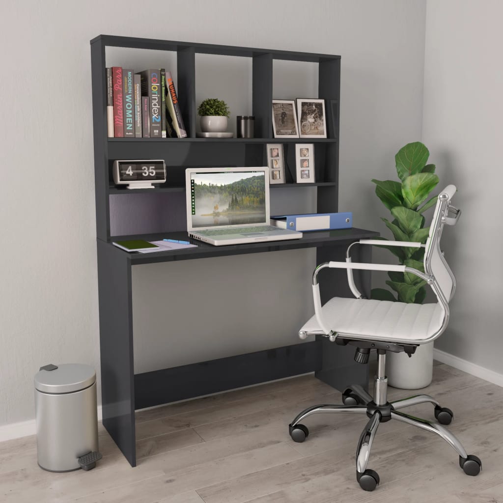 Bureau met schappen 110x45x157 cm bewerkt hout hoogglans grijs is nu te koop bij PeponiXL, paradijselijk wonen!