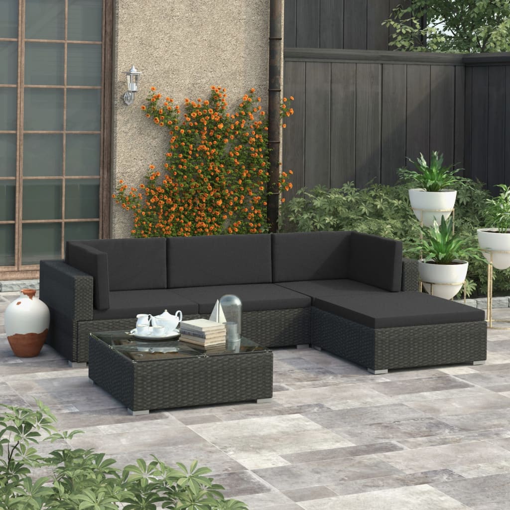 5-delige Loungeset met kussens poly rattan zwart is nu te koop bij PeponiXL, paradijselijk wonen!