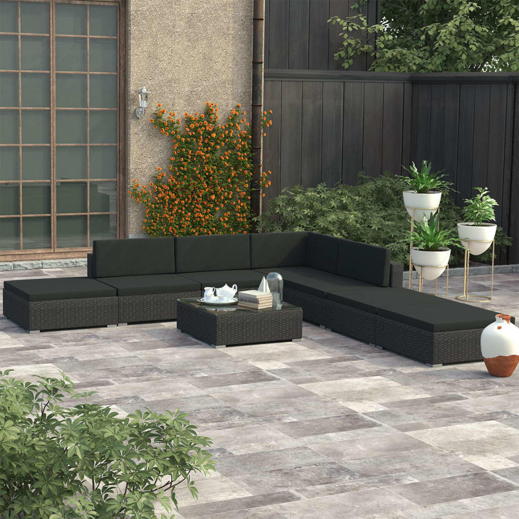 8-delige Loungeset met kussens poly rattan zwart is nu te koop bij PeponiXL, paradijselijk wonen!