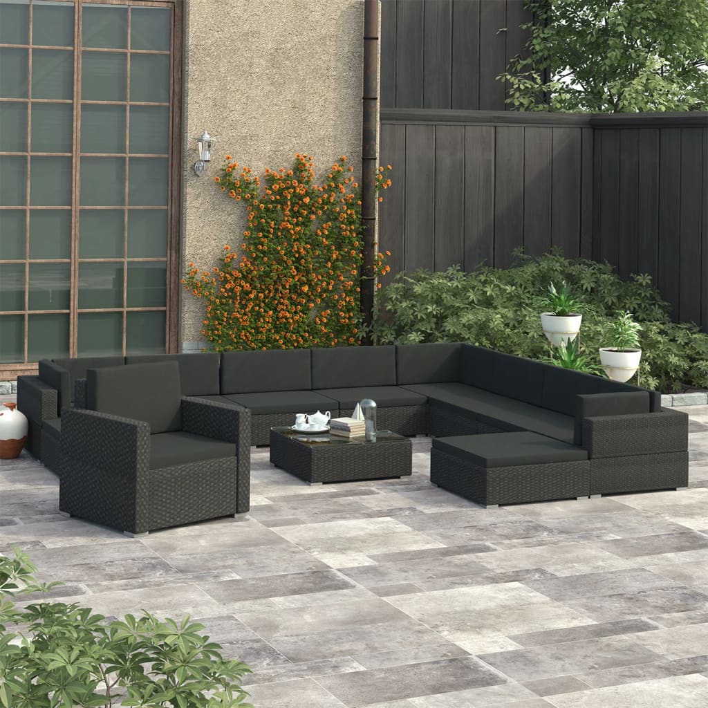 12-delige Loungeset met kussens poly rattan zwart is nu te koop bij PeponiXL, paradijselijk wonen!