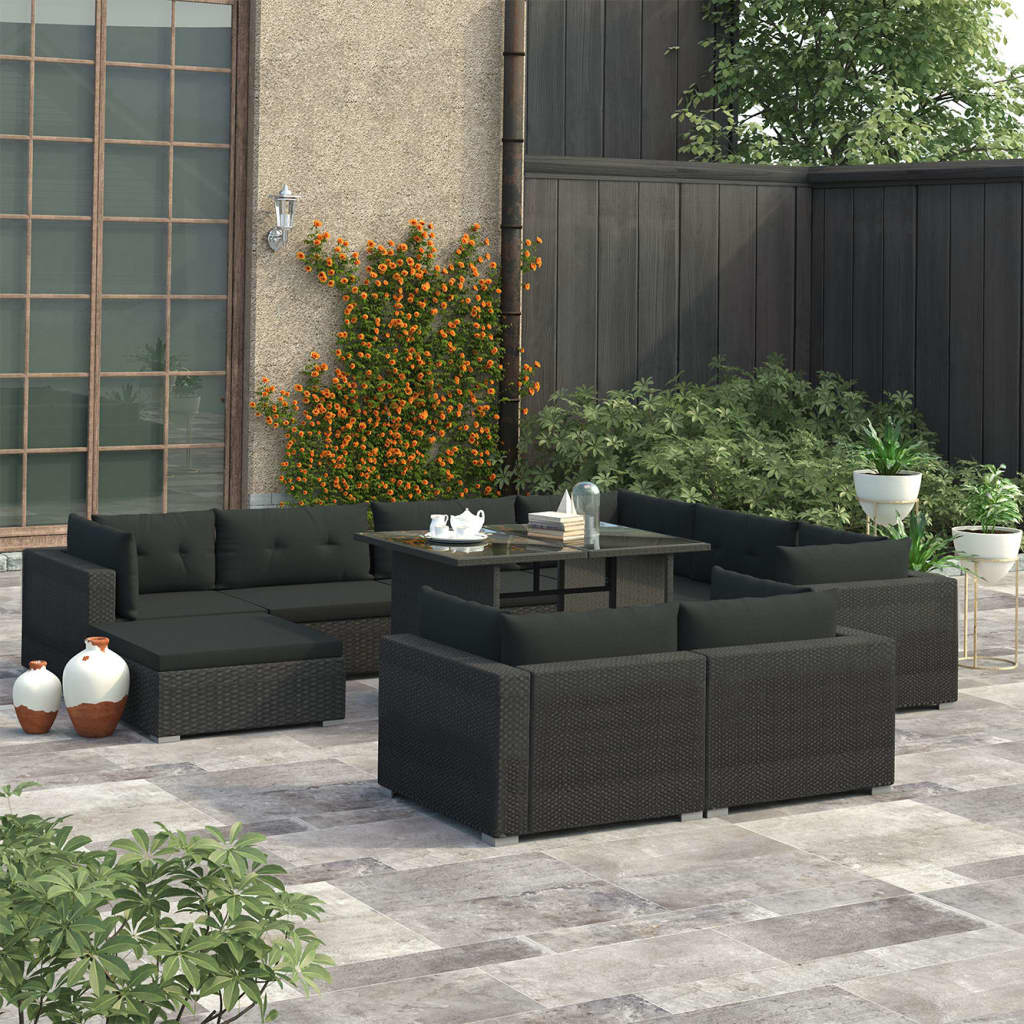 10-delige Loungeset met kussens poly rattan zwart is nu te koop bij PeponiXL, paradijselijk wonen!