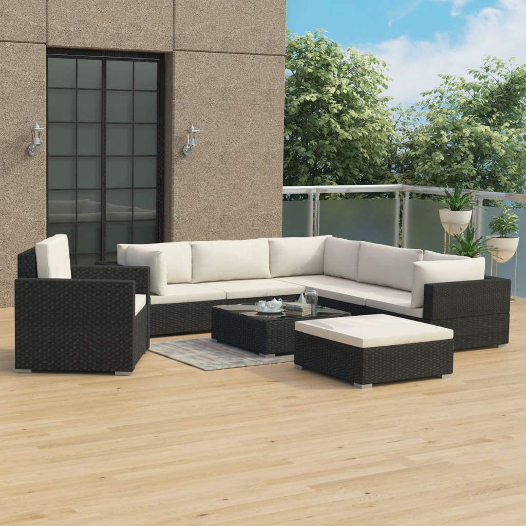 8-delige Loungeset met kussens poly rattan zwart is nu te koop bij PeponiXL, paradijselijk wonen!