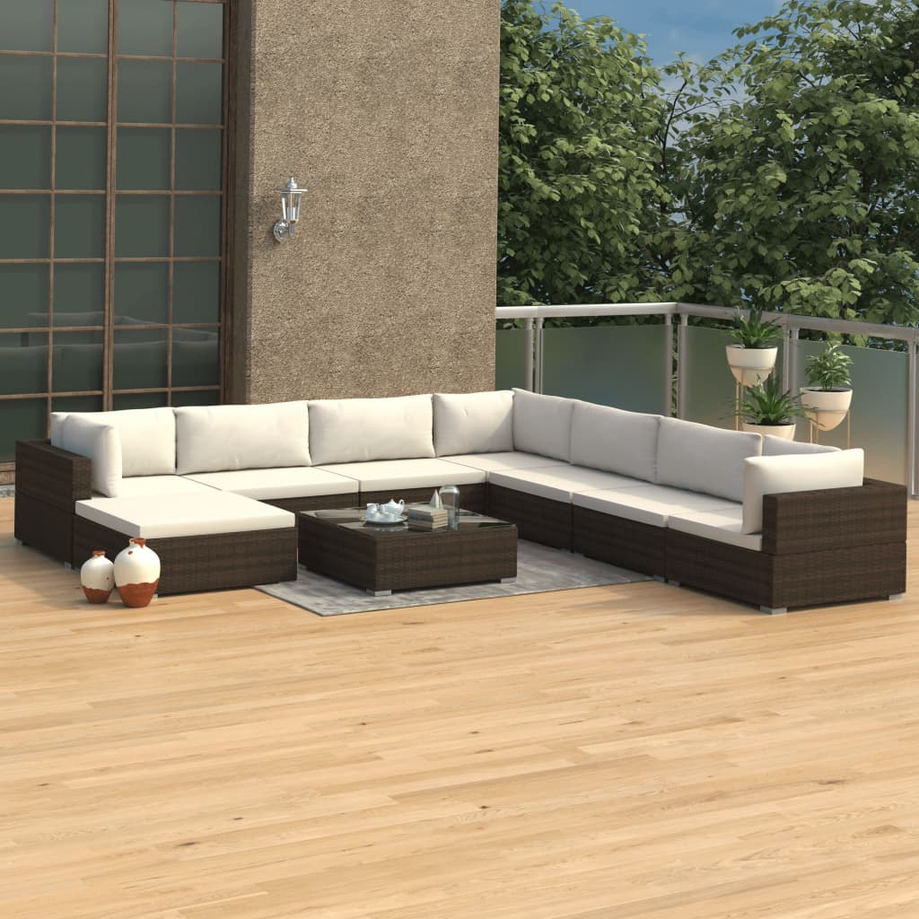 9-delige Loungeset met kussens poly rattan bruin is nu te koop bij PeponiXL, paradijselijk wonen!