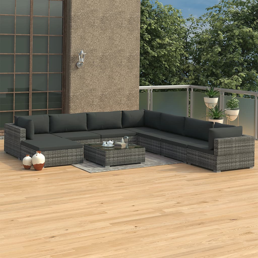 9-delige Loungeset met kussens poly rattan grijs is nu te koop bij PeponiXL, paradijselijk wonen!