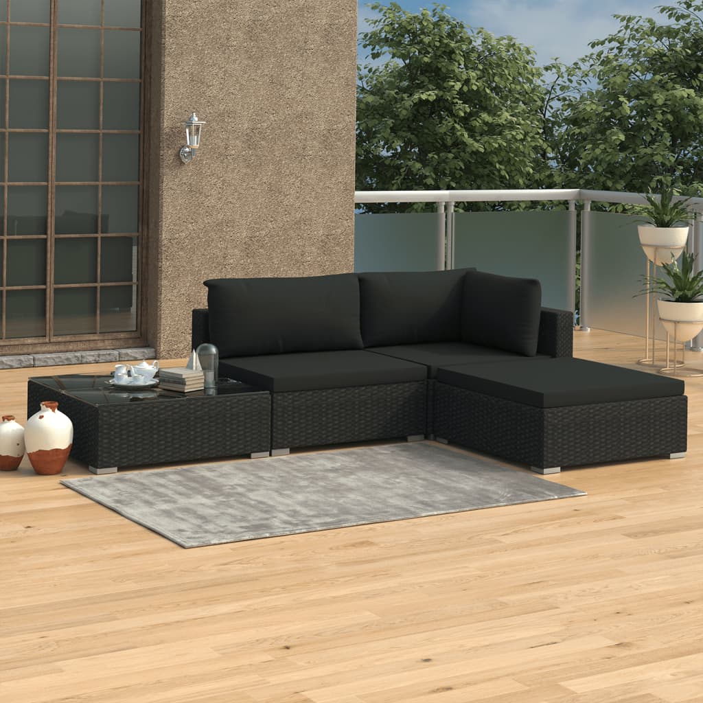 4-delige Loungeset met kussens poly rattan zwart is nu te koop bij PeponiXL, paradijselijk wonen!